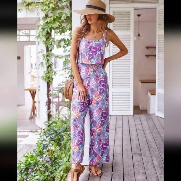 Allover Floral Print Wide Leg Cami Jumpsuit - Picture 4 of 6